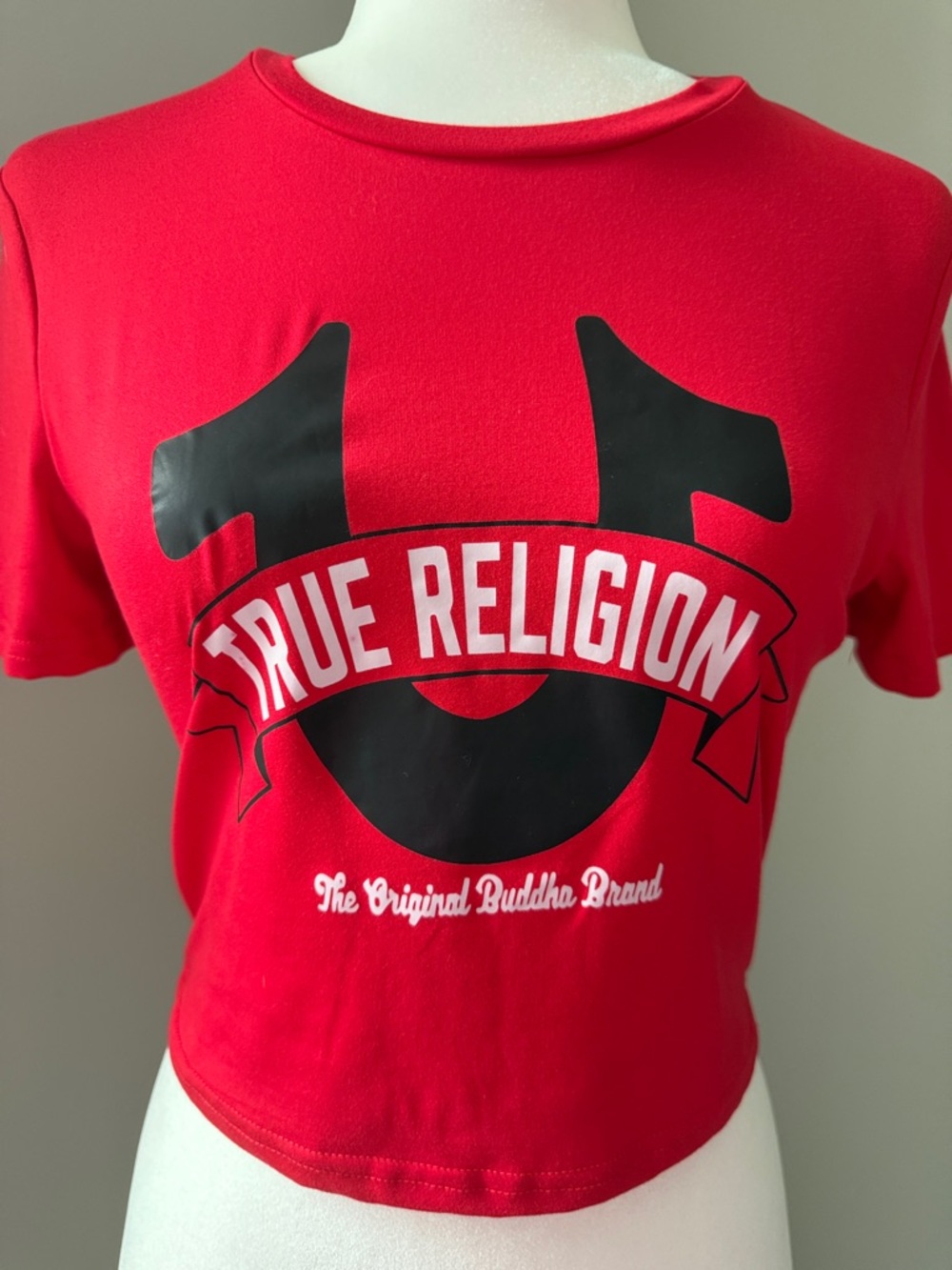 True Religion Y2K Graphic Crop Top Red Horseshoe Logo Baby Tee Women’s Medium - Picture 9 of 9